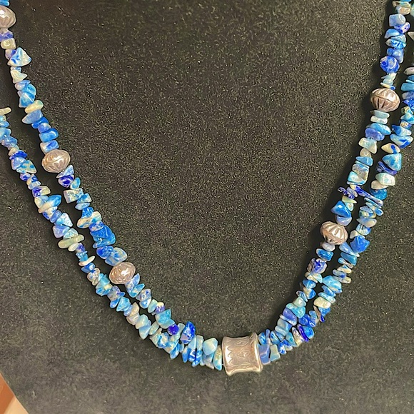 Hand Crafted Jewelry - Lapis Chips and Thai Silver Double Strand Necklace